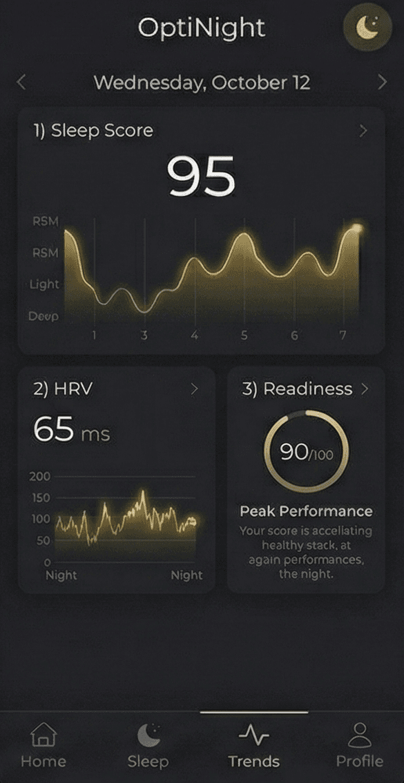 OptiNight App Interface displaying Sleep, HRV and Readiness scores